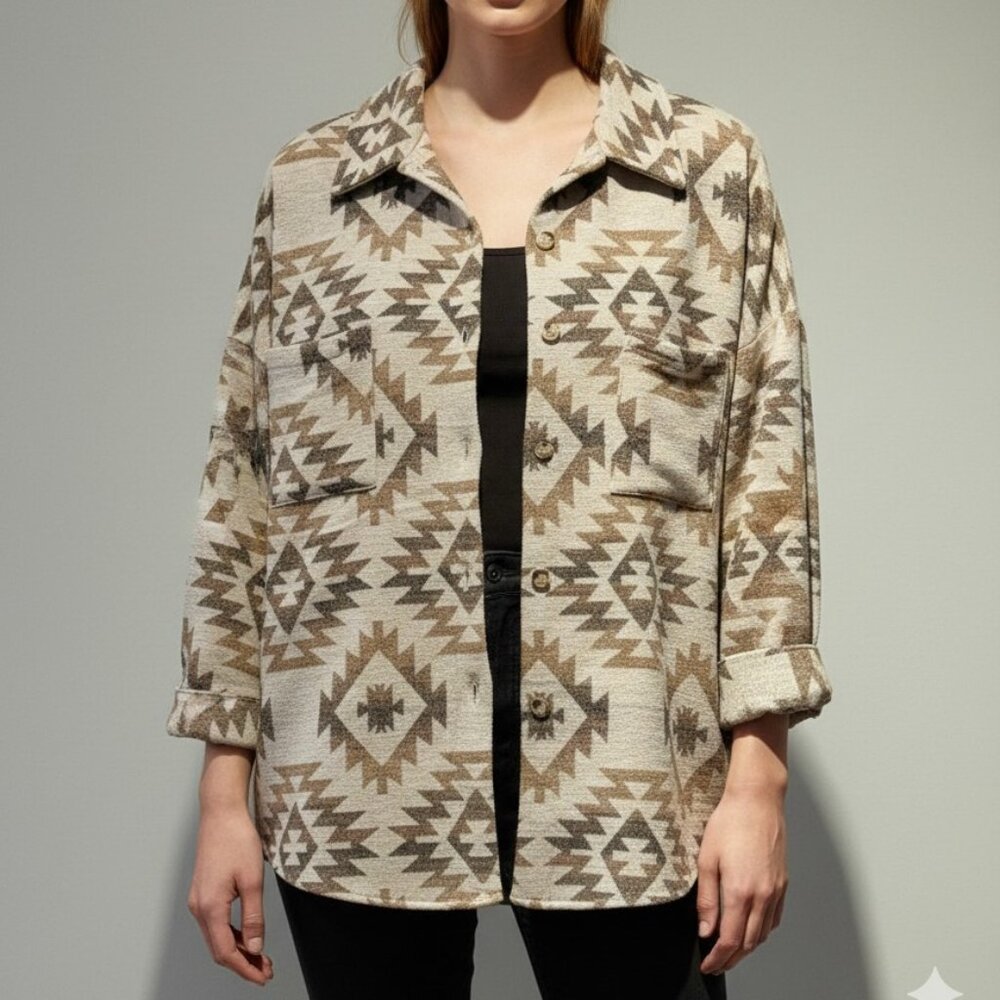 Davi & Dani Aztec Pattern Collared Casual Shirt Jacket Shacket Beige Brown Large